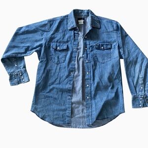 Wrangler Western Denim Button Snap Shirt Mens Large Blue Pearl Snap Cowboy